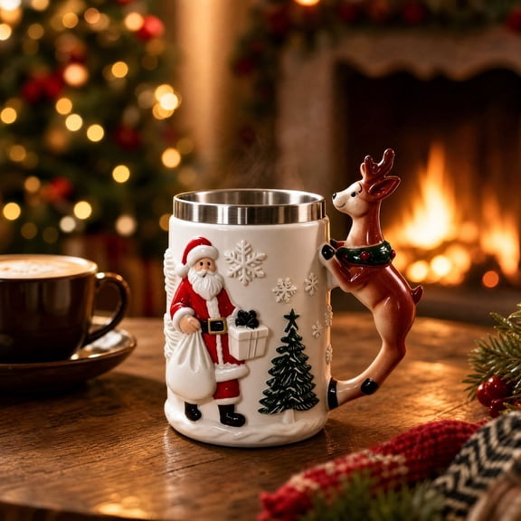 Christmas Mug Reindeer Handle Embossed Santa Tree Snowflake Coffee Cup for Holiday Party Home Kitchen Xmas Decorations Gift Winter Hot Cocoa Mug