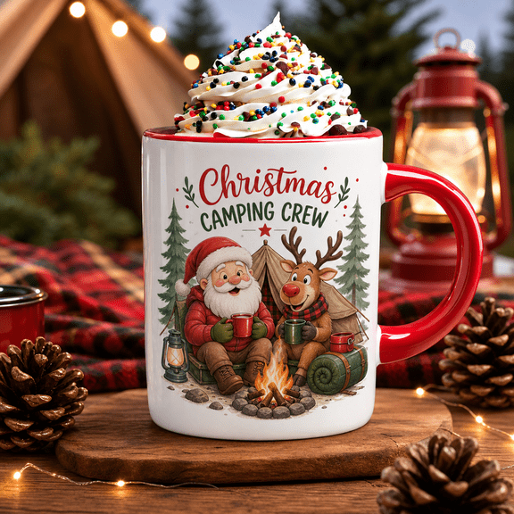 Christmas Mug Santa Reindeer Camping Ceramic Coffee Cup for Campers Holiday Gift