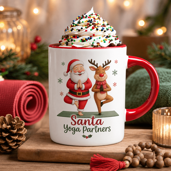 Christmas Mug Santa Yoga Partners Ceramic Coffee Cup for Holiday Morning Drinks Yoga Lovers
