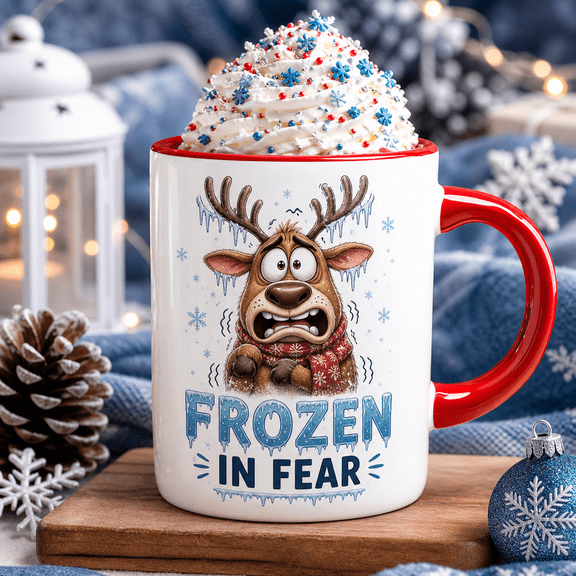 Christmas Mug Scared Reindeer Ceramic Coffee Cup for Hot Cocoa and Coffee Holiday Gift