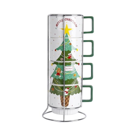 Christmas Mug Set 4 Ceramic Mugs with Metal Storage Rack Stackable