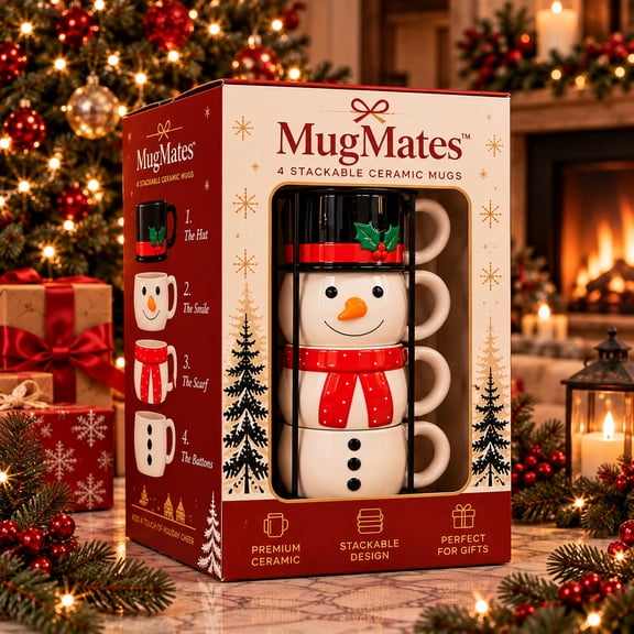 Christmas Mug Set with Display Stand,Stackable Holiday Mugs for Coffee Tea and Hot Chocolate,Festive Gift for Cocoa Lovers and Hosts
