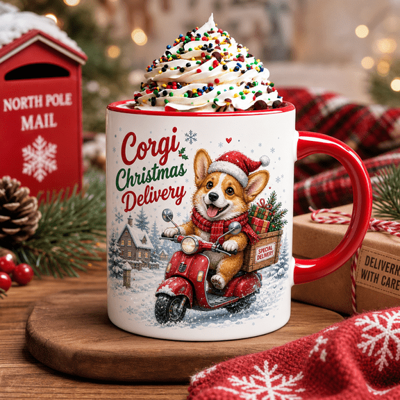 Christmas Mug Snowy Corgi Delivery Scooter Ceramic Coffee Cup for Holiday Sips Corgi Lovers