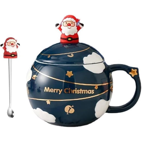 Christmas Mugs with Santa Figurines, Round Mug with Lid Spoon Santa Claus Ceramic Coffee Mug 400 ml Funny Gift Cup Breakfast Cup with Lid and Spoon for Coffee Tea Milk Cocoa (Blue)