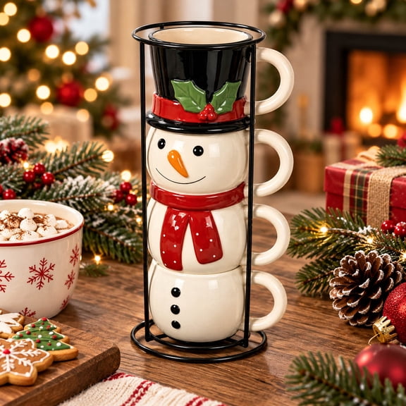 Christmas Mugs Set of 4,Stackable Christmas Mugs,Christmas Coffee Mug for Mom Family Colleagues Friend & Christmas Decor