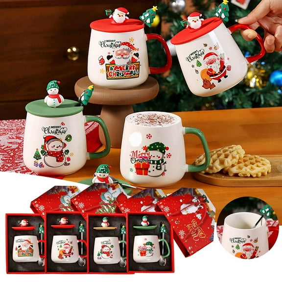 Christmas Mugs with Lid and Spoon 14.5" Cute eramic Santa Cups Christmas Coffee Mugs with Gift Box Ideal Christmas Gift - A