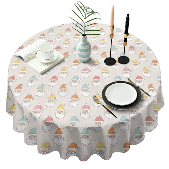 Christmas Multi-Colored Santa Beige Pattern Round Tablecloth, Fits 60-Inch Table, Stain & Wrinkle Resistant, Washable Polyester, Kitchen, Wedding, Party