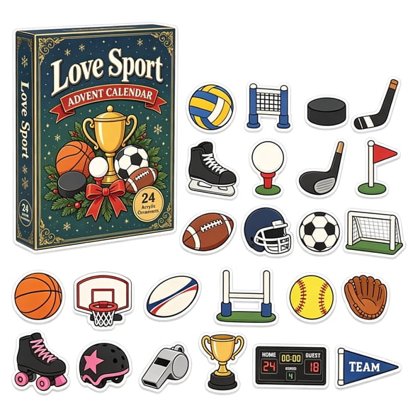 Christmas Multi-Sport Advent Calendar, 24 Acrylic Sports Equipment Ornaments for Holiday Countdown, Fan Gift and Home Decor