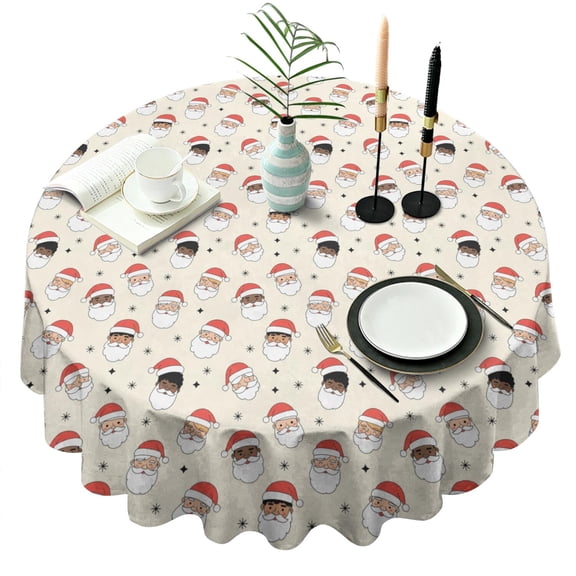 Christmas Multiethnic Santa Beige Pattern Round Tablecloth, Fits 60-Inch Table, Stain & Wrinkle Resistant, Washable Polyester, Kitchen, Wedding, Party