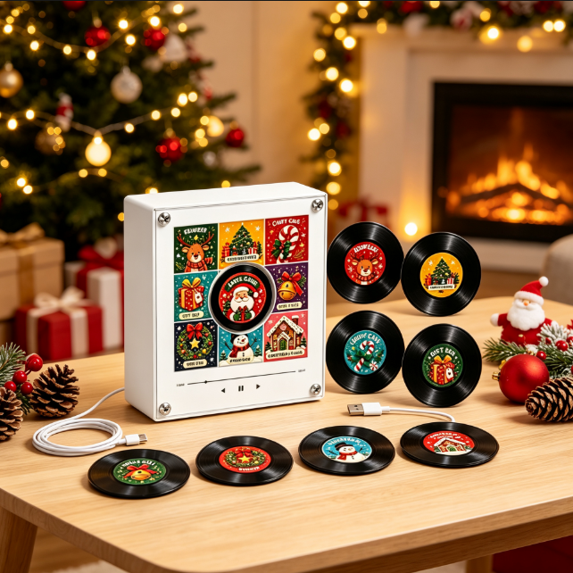 Christmas Music Box NFC Player with LED Light, 9 Discs Fridge Magnet with Acrylic Artwork for Personalized Holiday Gift