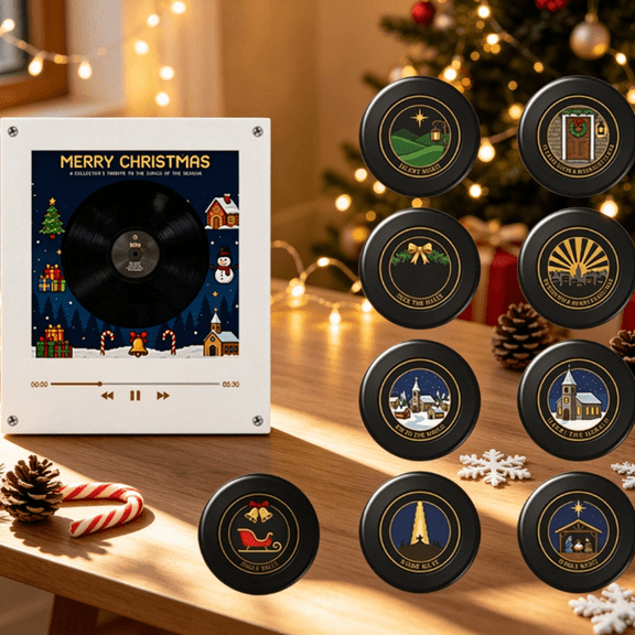 Christmas Music Box NFC Player with LED Light, 9 Discs Fridge Magnet with Acrylic Artwork for Personalized Holiday Gift