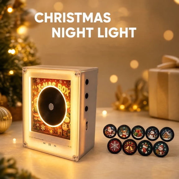 Christmas Music Box Night Light NFC Sensing Rotating Vinyl Record Player Ambient Lamp with 9 Magnetic Festive Discs Holiday Desktop Decor