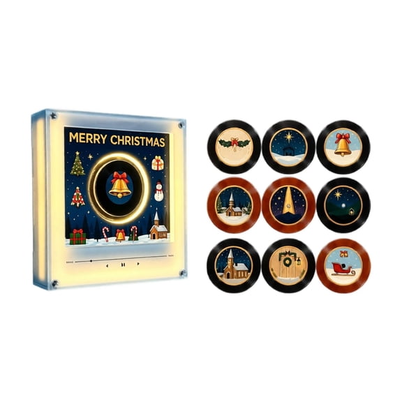 Christmas Music Box Vinyl Player Night Light, Warm LED Tabletop Lamp with 9 Discs for Fridge Door Bedroom Desk Fireplace Holiday Decor & Gift