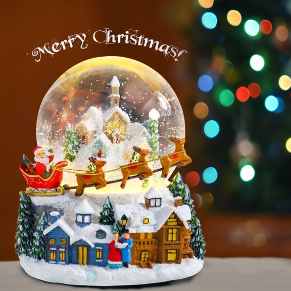 Christmas Music Snow Globe Christmas Village Scene with Glitter Snowfall, Santa Sleigh,Musical Function & Detailed Figurines for Holiday Decor