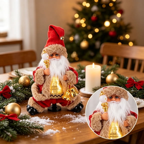 Christmas Musical Dancing Santa Figurine,Animated Doll With Glowing Scepter Golden Bells Auto Dance And Play Holiday Tunes,For Mantel Table Shelf Windowsill Indoor Christmas Holiday Decoration