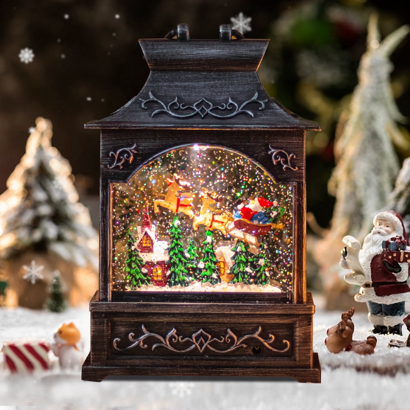 Christmas Musical Snow Globe Lantern with Santa Sleigh & Reindeer – LED ...