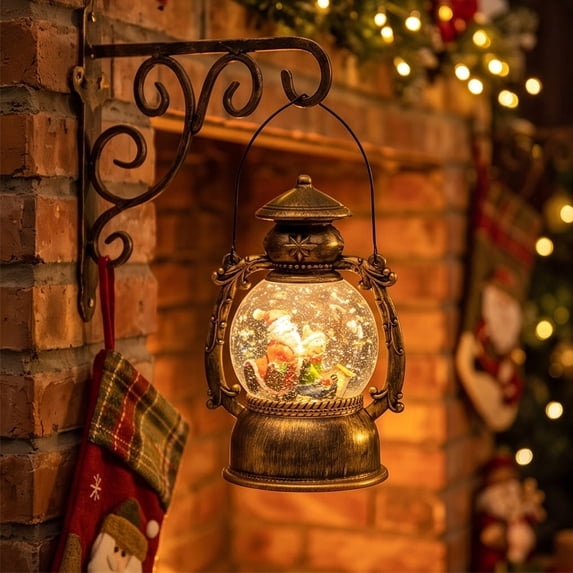 Christmas Musical Snow Globe Lantern, Water Filled Night Light, Oil Lamp Style Body with Swirling Glitter Warm Light and Eight Melodies, Tabletop Decor for Mantel Shelf or Bedside