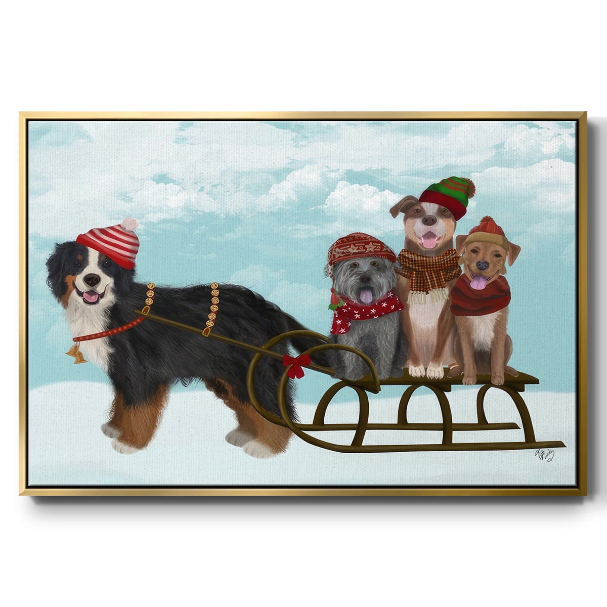 Christmas Mutt Sled - Framed Gallery Wrapped Holiday Canvas - 17 x 25 - Gold Frame