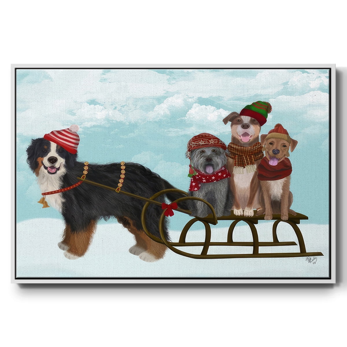 Christmas Mutt Sled - Framed Gallery Wrapped Holiday Canvas - 17 x 25 - White Frame