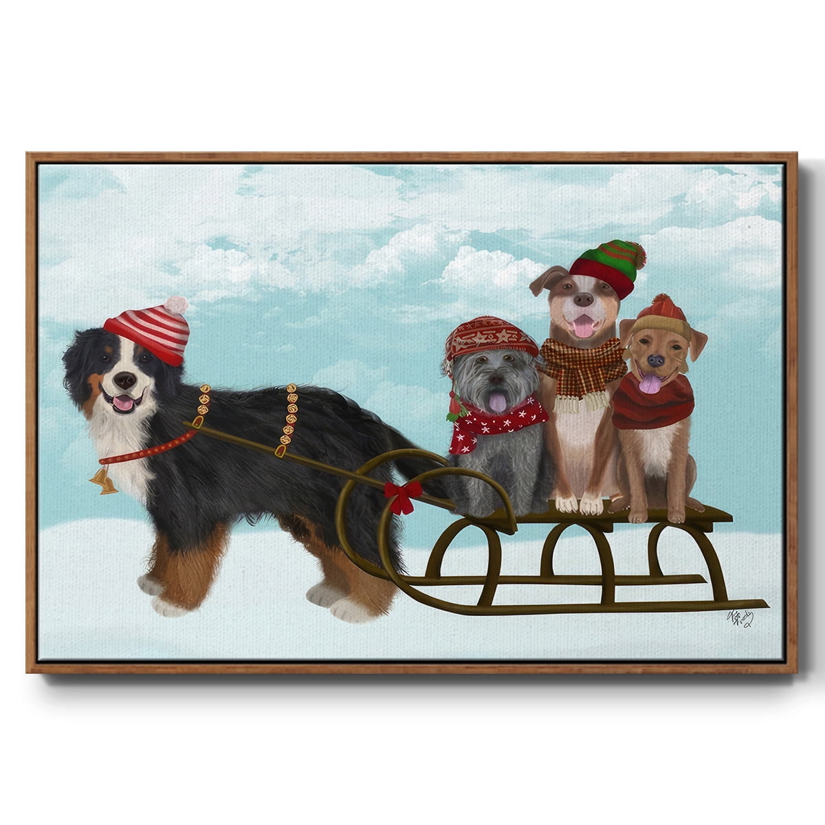 Christmas Mutt Sled - Framed Gallery Wrapped Holiday Canvas - 27 x 41 - Rosewood Frame