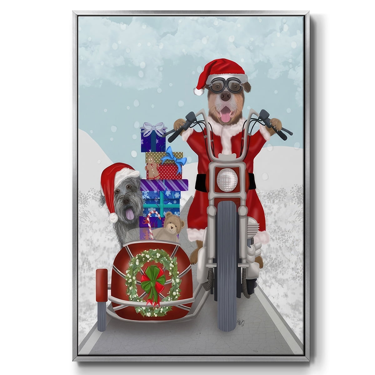 Christmas Mutts Christmas Chopper - Framed Gallery Wrapped Holiday Canvas - 17 x 25 - Silver Frame