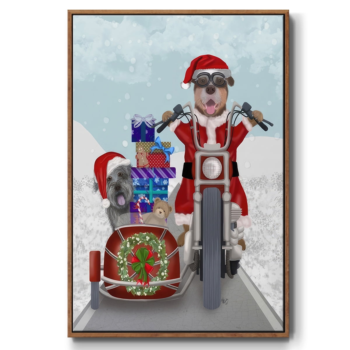 Christmas Mutts Christmas Chopper - Framed Gallery Wrapped Holiday Canvas - 25 x 37 - Rosewood Frame