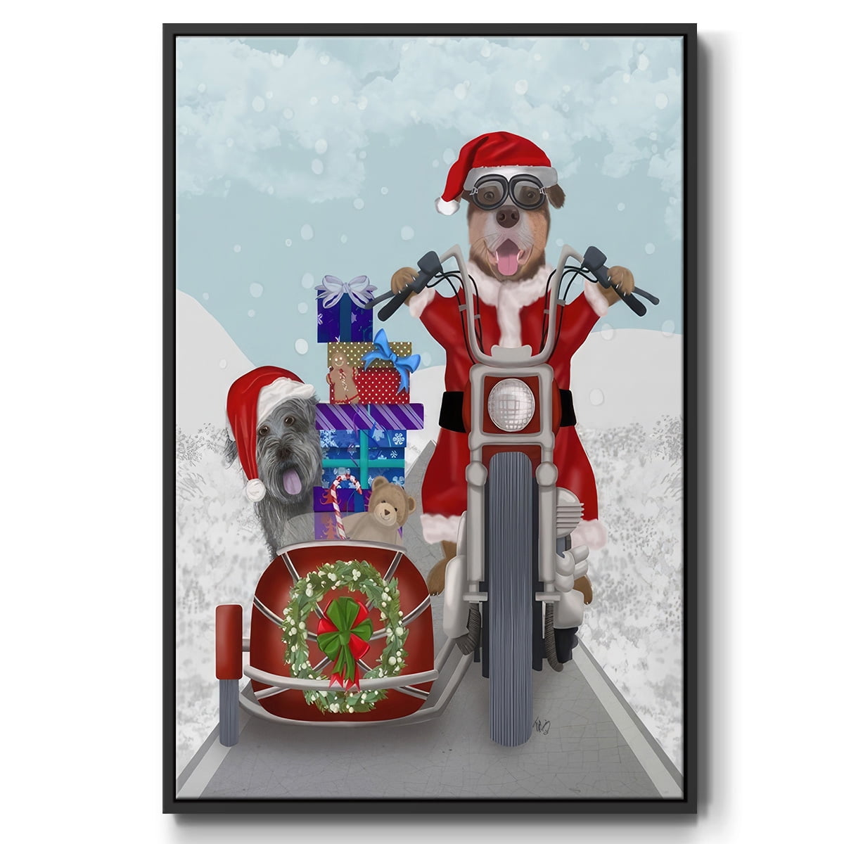 Christmas Mutts Christmas Chopper - Framed Gallery Wrapped Holiday Canvas - 27 x 41 - Black Frame