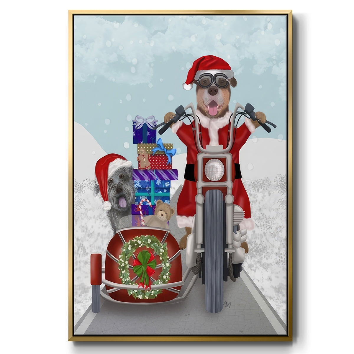 Christmas Mutts Christmas Chopper - Framed Gallery Wrapped Holiday Canvas - 27 x 41 - Gold Frame
