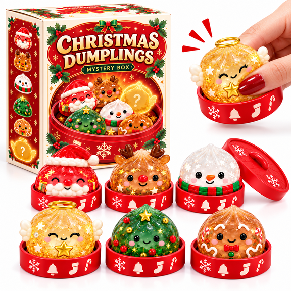 Christmas Mystery Dumpling Squishy Toy, Random 1 of 6 Cute Holiday Characters, 1.97 Inch Squeeze Sensory Toy with Gift Box, Christmas Stocking Stuffer Party Favor for Kids & Adults
