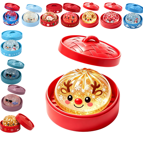 Christmas Mystery Dumpling Squishy with Steamer Box, Glitter Fidget Squeeze Dumpling Toy, Christmas Party Favor & Stocking Stuffer Gift I