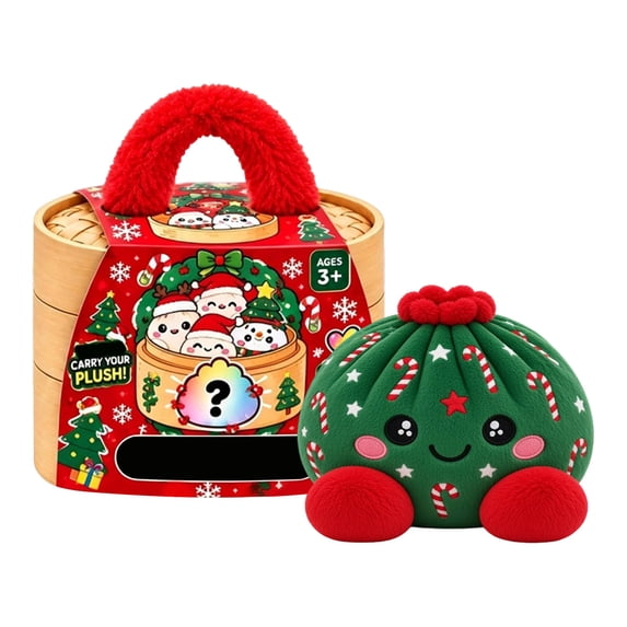 Christmas Mystery Plush Dumpling Squishy, Cute Stuffed Dumpling Squishy Plush Fidget Toy, Collectible Stress Relief Gift with Simulated Steamer & Fuzzy Handle,Christmas Stocking Stuffers, Home Decor