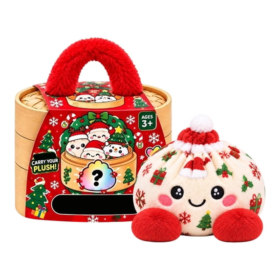 Christmas Mystery Plush Dumpling Squishy, Cute Stuffed Dumpling Squishy Plush Fidget Toy, Collectible Stress Relief Gift with Simulated Steamer & Fuzzy Handle,Christmas Stocking Stuffers, Home Decor
