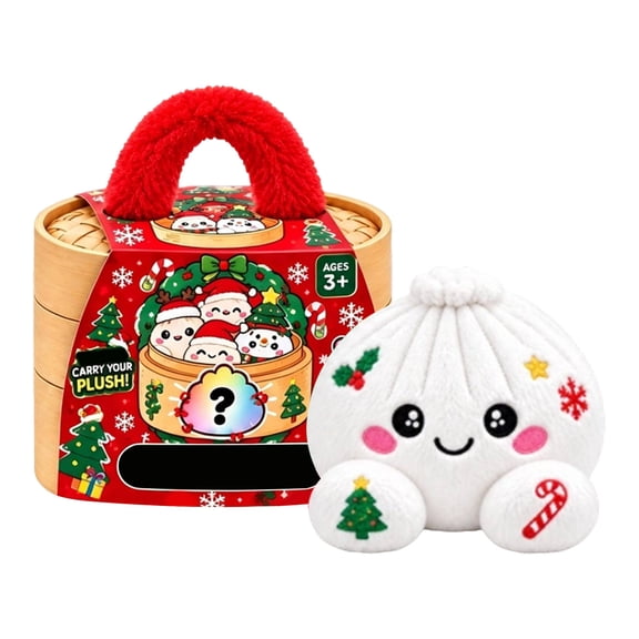 Christmas Mystery Plush Dumpling Squishy, Cute Stuffed Dumpling Squishy Plush Fidget Toy, Collectible Stress Relief Gift with Simulated Steamer & Fuzzy Handle,Christmas Stocking Stuffers, Home Decor