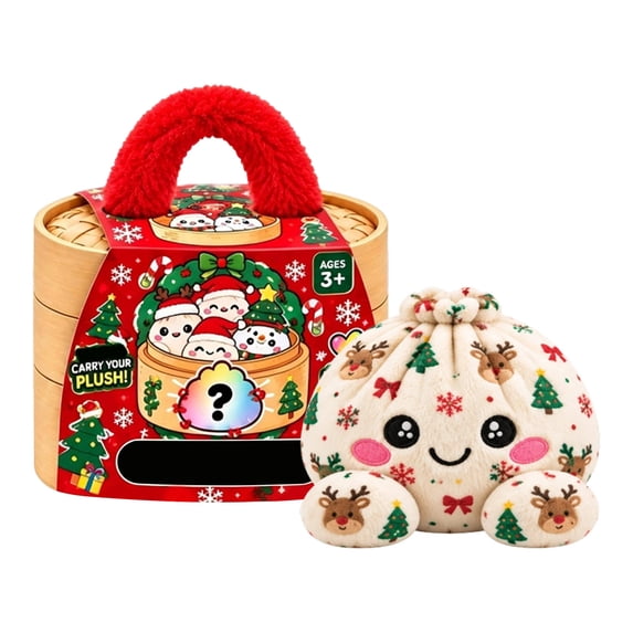Christmas Mystery Plush Dumpling Squishy, Cute Stuffed Dumpling Squishy Plush Fidget Toy, Collectible Stress Relief Gift with Simulated Steamer & Fuzzy Handle,Christmas Stocking Stuffers, Home Decor