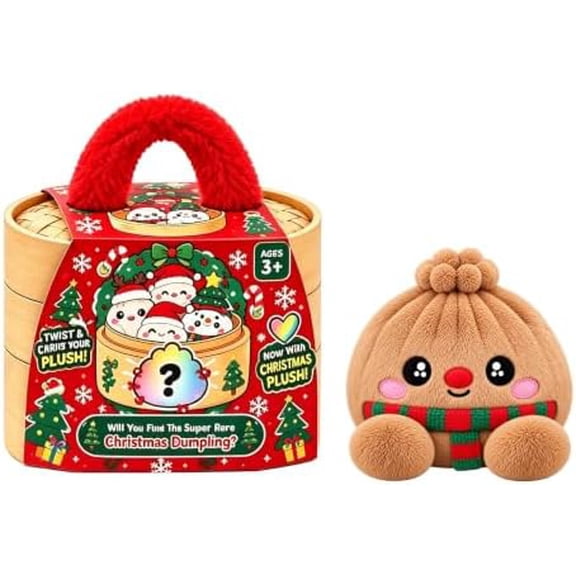 Christmas Mystery Plush Dumpling Squishy, Soft Stuffed Animal Pillow with Fuzzy Handle Steamer, Collectible Dumpling Plushies Doll Food Plush Fidget Toys for Holiday Stocking Stuffers (Deer)