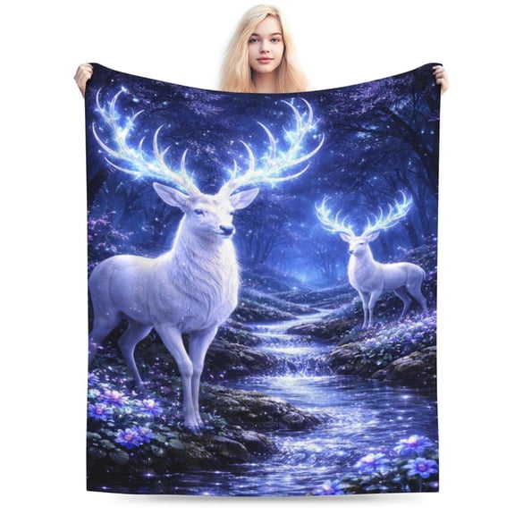 Christmas Mystic Forest Deer Blanket Fantasy Glowing Stag Throw Soft Flannel Fleece Cozy Winter Woodland Art Home Decor Gift for Adults 50x40