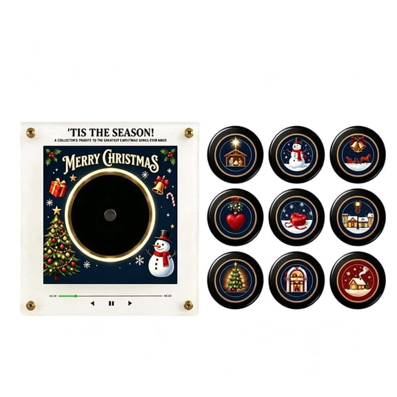 Christmas NFC Music Player Fridge Magnet, 9 Mini Discs Acrylic Record Player with LED Light, Magnetic Holiday Sound Box, Built-in Rechargeable Battery