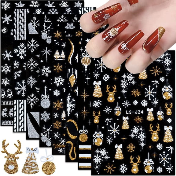 Christmas Nail Art Stickers, Snowflake Nail Decals 3D Self-Adhesive Snowflake Elk Bell Xmas Tree Winter Nail Design DIY Christmas Nail Decoration for Women Girls(8Sheets)