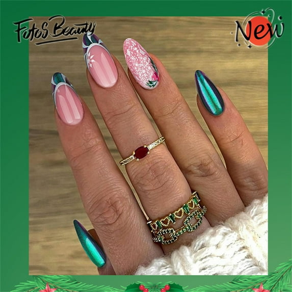 Christmas Nails Fofosbeauty 24pcs Press on Nails, Almond Tip Nails, Christmas Fake Nails, Full Cover Acrylic Nails for Girls Kids, Almond French Christmas Snowflakes Candy