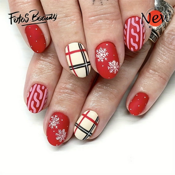 Christmas Nails Fofosbeauty 24pcs Press on Nails,Oval Tip Nails,Christmas Fake Nails, Full Cover Acrylic Nails for Girls Kids, Oval Autumn Winter Christmas Snow Red