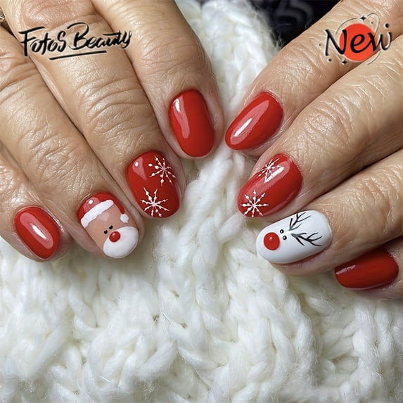 Christmas Nails Fofosbeauty 24pcs Press on Nails, Oval Tip Nails, Christmas Fake Nails, Full Cover Acrylic Nails for Girls Kids, Oval Short Christmas Cute Red