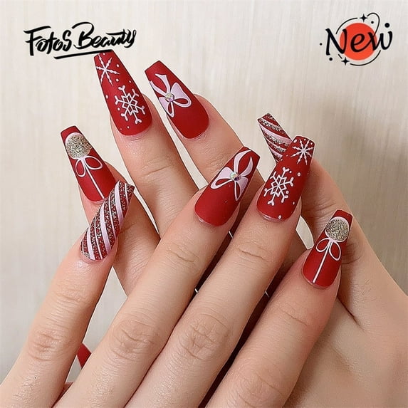 Christmas Nails Fofosbeauty 24pcs Press on Nails, Fake Nails, Full Cover Acrylic Nails for Girls Women Kids, Coffin Snowflake Bow Diamond Red