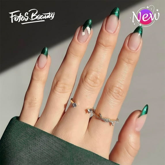 Christmas Nails Fofosbeauty 24pcs Presson Nails, Almond Tip Nails, Christmas Fake Nails, Full Cover Acrylic Nails for Girls Kids, Almond French Green Christmas hats Simplicity