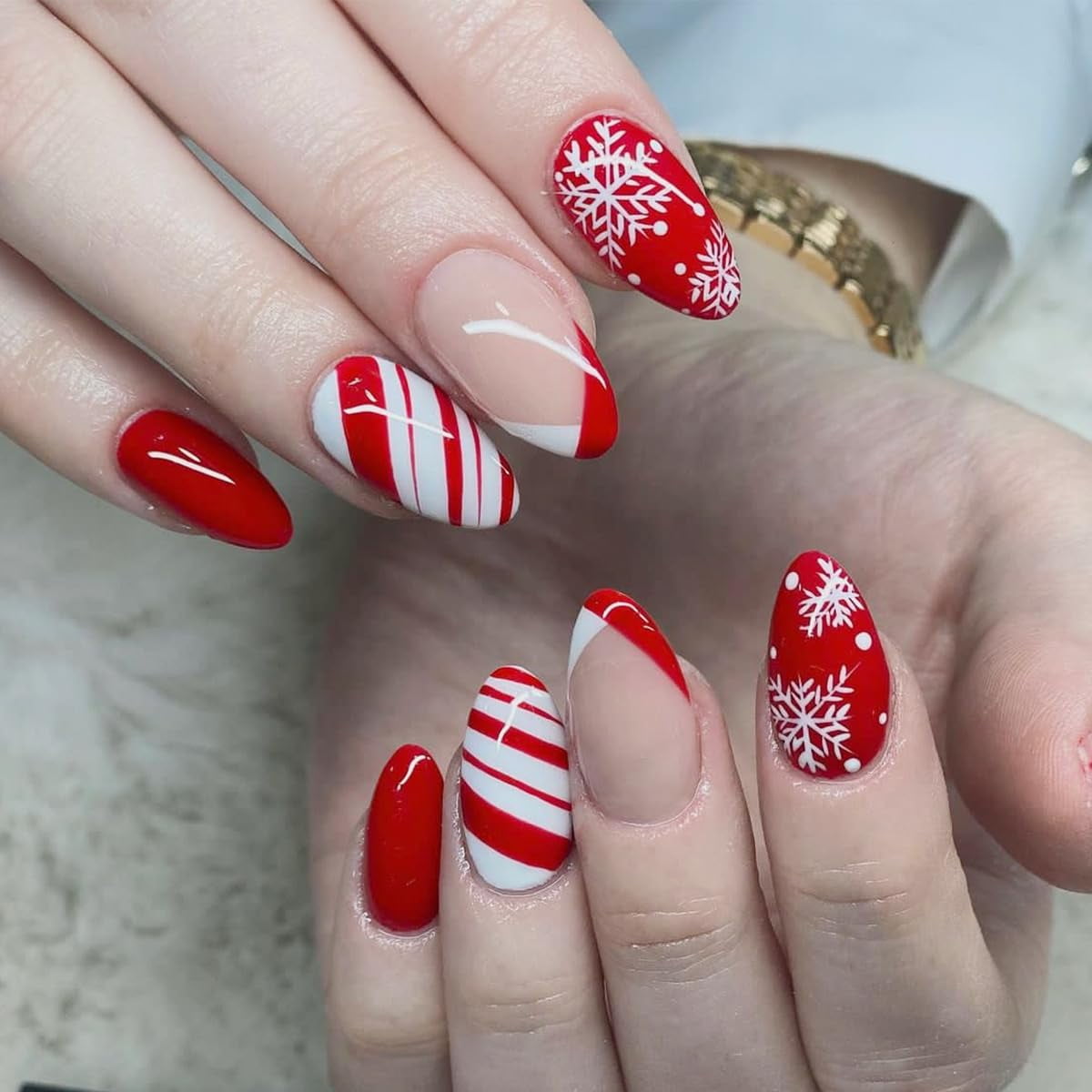 Christmas Snowflake Press on Nails Long Almond Fake Nails Red White Stripe Acrylic Nails Winter Xmas Glue on Nails for Women DIY New Year Manicure multicolor Christmas Design 531 Walmart