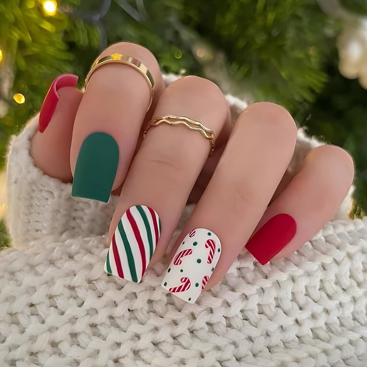 Christmas Nails Press on Nails Short Square Fake Nails with Designs