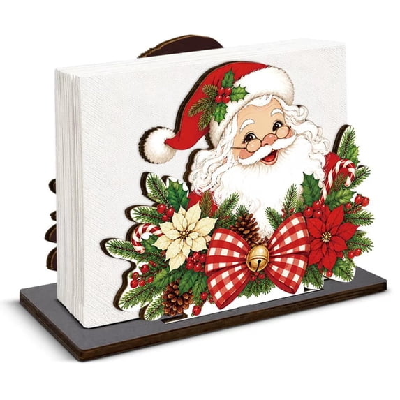 Christmas Napkin Holder,Wooden Winter Tissue Holder with Santa Print Rectangle Dispenser for Bathroom Dining Table Kitchen