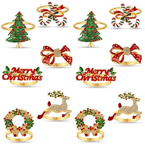 Christmas Napkin Rings Set of 12, Napkin Rings Holders for Dining Table Setting - Wedding Receptions, Thanksgiving and Home Kitchen for Casual or Formal (Hun he Ring 12)
