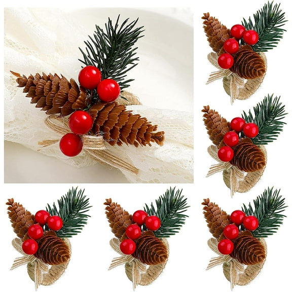 Christmas Napkin Rings Set of 6, Christmas Pine Needle Napkin Ring Holders, Rustic Pine Cone Napkin Ring Holder for Christmas Party Dinner Table Decor