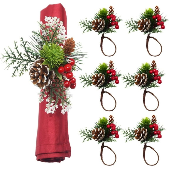 Christmas Napkin Rings Set of 6, Pine Cone Napkin Rings Holders with Berries, Xmas Serviette Buckle Holder for Christmas, Dinner, Parties,Wedding, Holiday Dining Table Decor