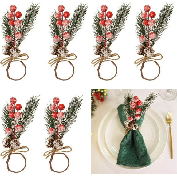 Christmas Napkin Rings Set of 6, Snowy Pine Cone Napkin Rings with Berries, Xmas Serviette Buckle Holder for Christmas Holiday Dinner Party Banquet Table Decoration